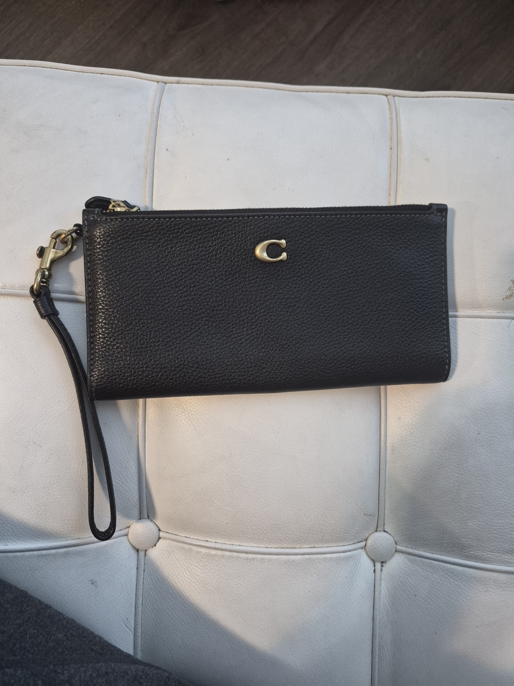 Coach Black Pebbled Leather Double Zip Walllet With Gold Accent.
